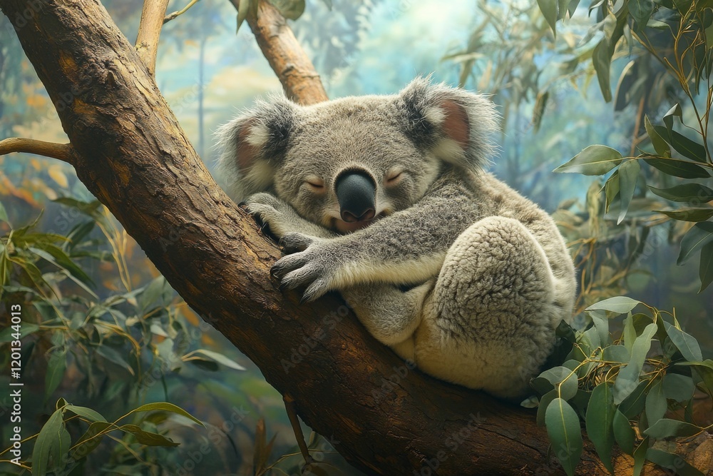 Fototapeta premium Koala resting peacefully on a tree branch in a serene forest environment during daylight