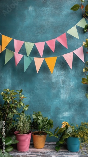 Colorful paper bunting decorations hanging on a teal wall for a festive celeb...