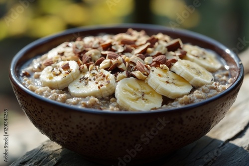 Healthy breakfast bowl with oatmeal, bananas, and nuts on a vibrant blue back...