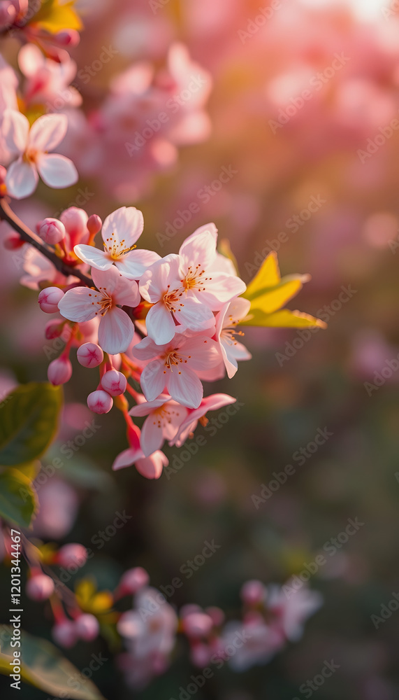 Natural spring and summer background. Delicate white and pink cherry flowers in the spring garden, glowing neon Natural spring and summer background. Delicate white and pink cherry flowers in the spring garden, glowing neon