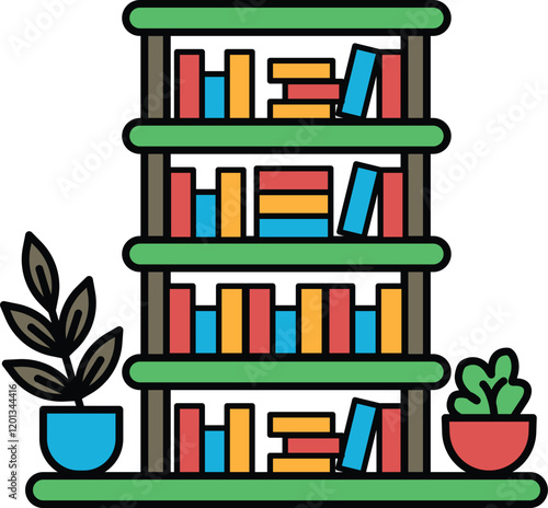 A tall bookcase with a plant on the left side and a red