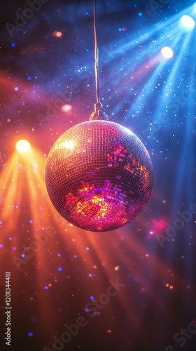 Vibrant disco ball radiates colorful light in a lively dance atmosphere