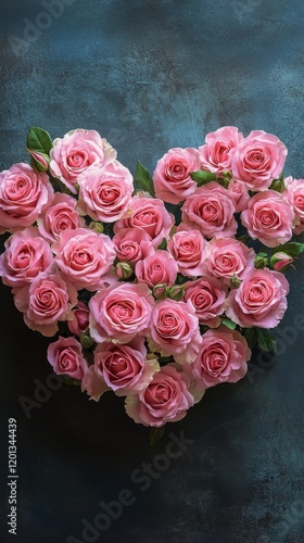 Arrangement of pink roses forming a heart shape on a blue background for spec...
