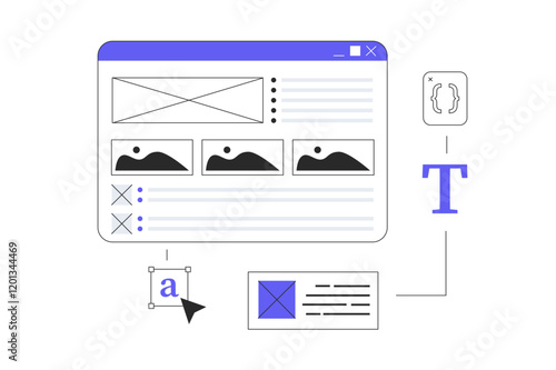 Web development concept. Sites creation and optimization, content filling. Work with site mockup. Flat Cartoon Vector Illustration, icon. Stylish abstract Modern