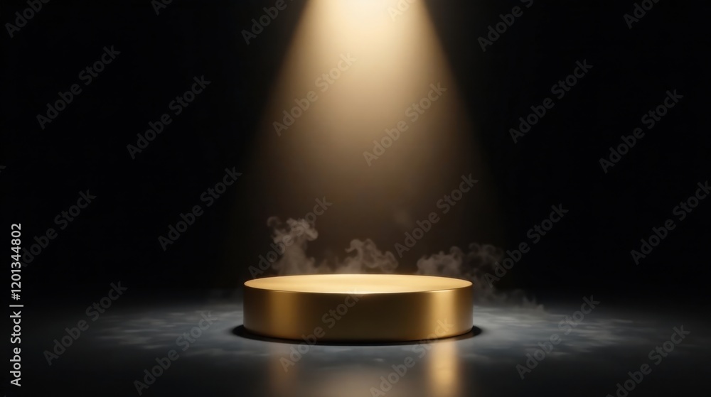 Illuminated Golden Circular Pedestal with Ethereal Haze in a Dark Setting Illuminated Golden Circular Pedestal with Ethereal Haze in a Dark Setting