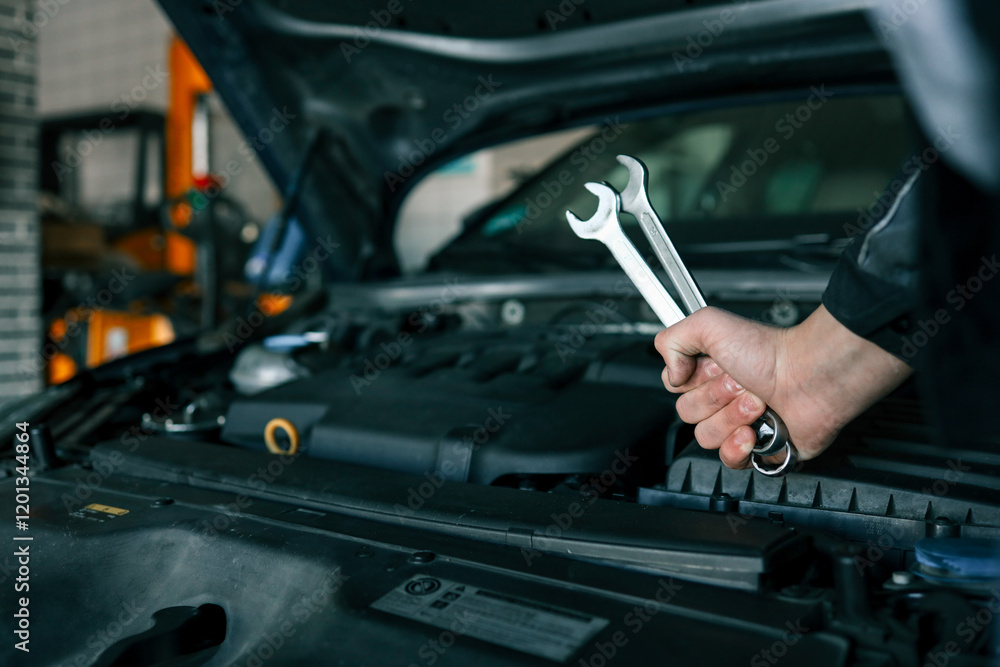 A mechanic's hand holding two wrenches over an open car engine, showcasing tools used for vehicle maintenance. The car's hood is open, revealing the engine components A mechanic's hand holding two wrenches over an open car engine, showcasing tools used for vehicle maintenance. The car's hood is open, revealing the engine components