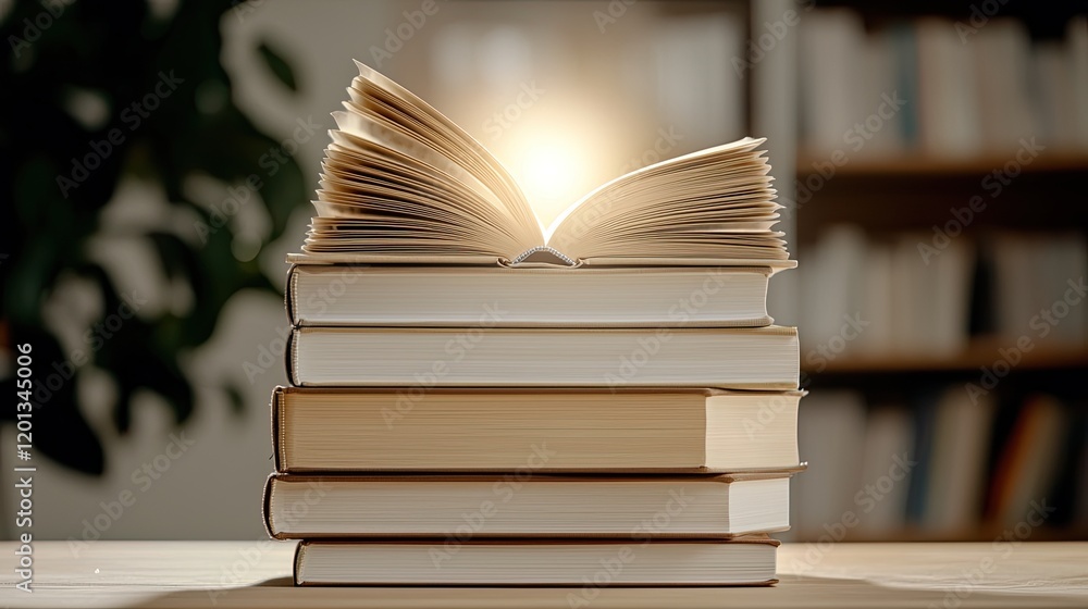 Naklejka premium An open book rests atop a stack of closed books, with a warm glow emanating from its pages, symbolizing knowledge and enlightenment.