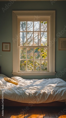 Cozy bedroom with sunlight streaming through a large window and a comfy bed i...