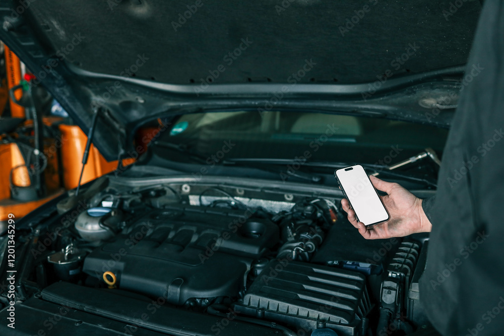Mechanic holding a smartphone with a blank white screen in front of an open car engine for diagnostics or maintenance. Indoor workshop setting Mechanic holding a smartphone with a blank white screen in front of an open car engine for diagnostics or maintenance. Indoor workshop setting