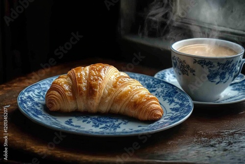 Freshly baked croissant and steaming coffee on a blue floral plate in a cozy ...