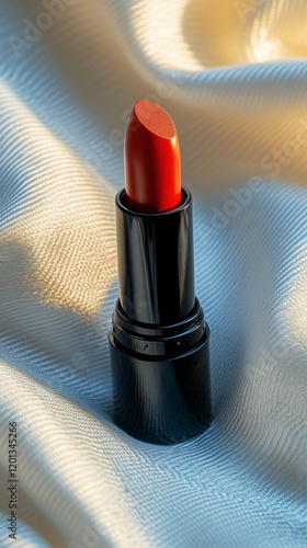 Bright red lipstick on a soft satin fabric showcasing elegance and beauty