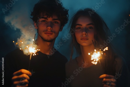Young couple celebrating under dark sky with sparkler at night event in festi...