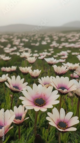 Vibrant wildflowers bloom in a vast field under soft sunlight during springtime