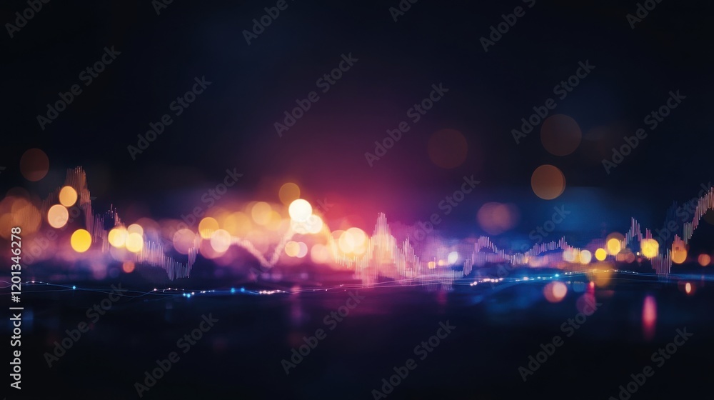 Obraz premium Abstract Audio Waveform Visualization with Colorful Bokeh Lights Creating a Dynamic and Modern Background for Music and Sound Related Content