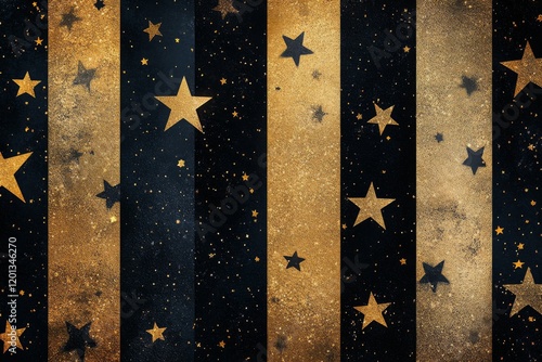 Golden stars and sparkles create a festive atmosphere in a dark background