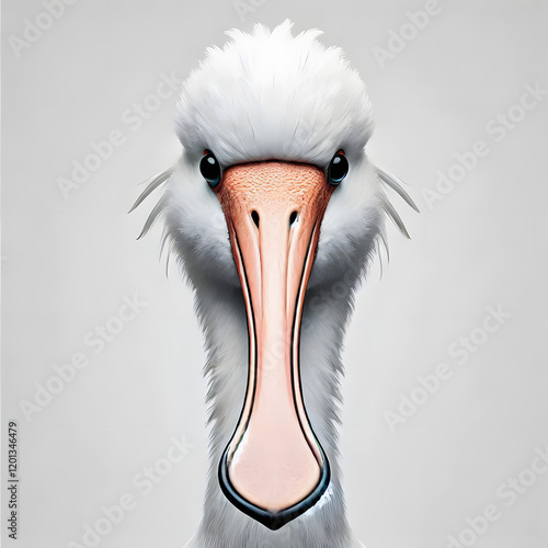 Royal Spoonbill Portrait: A striking close-up portrait of a royal spoonbill, its fluffy white plumage and distinctive long, spatula-shaped beak filling the frame. photo