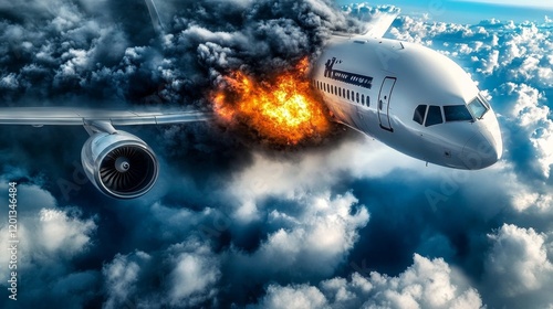 Airplane Engine Fire In Flight Aviation Accident, Emergency Landing, Plane Crash Concept. photo