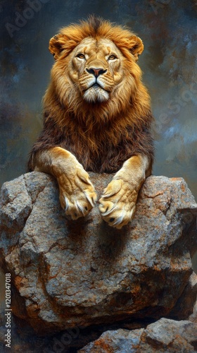Majestic lion resting on a rock under soft lighting in its natural habitat