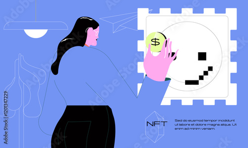 NFT, digital art market concept. Virtual business, trade with non-fungible tokens, blockchains. Flat vector illustrations isolated on white background.