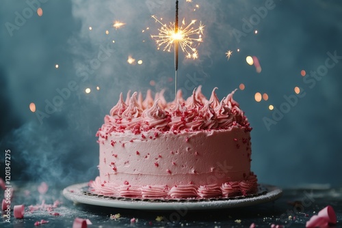 Sparkling pink cake celebration with festive decorations and vibrant sparks