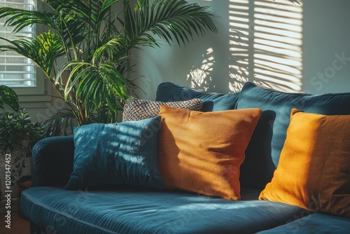 Bright living room with light-colored couch and green plant in a modern space