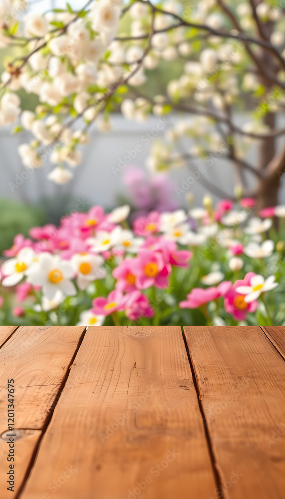 An empty wooden table top overlooking a blooming spring garden. Blurred background, low-poly, with white tones An empty wooden table top overlooking a blooming spring garden. Blurred background, low-poly, with white tones
