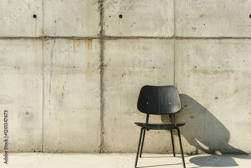 Black chair positioned against a rough concrete wall in an urban setting at noon