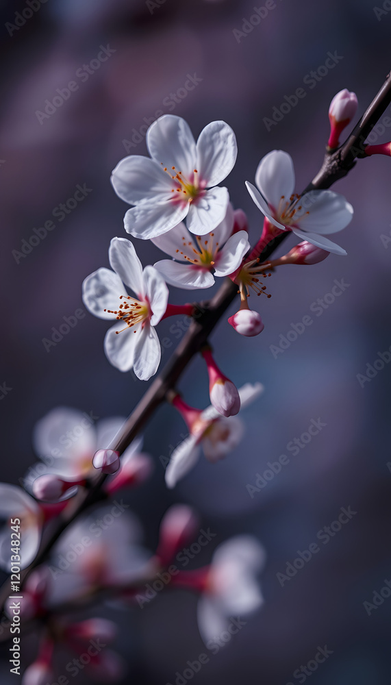 Closeup of spring blossom flower on dark bokeh background. Macro cherry blossom tree branch, with white tones Closeup of spring blossom flower on dark bokeh background. Macro cherry blossom tree branch, with white tones