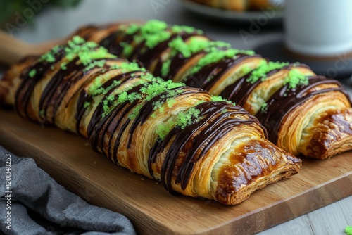 Delicious pastry rolls with creamy filling and chocolate drizzle on a wooden ...