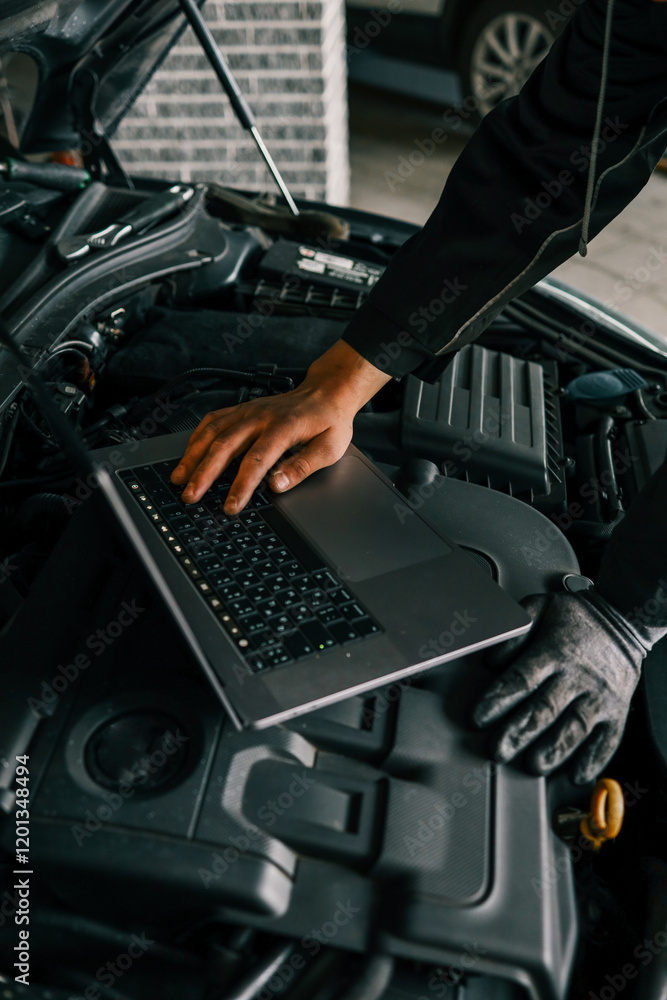 A mechanic using a laptop on a car engine for diagnostics in a garage. Highlights the use of technology in modern vehicle maintenance and repair A mechanic using a laptop on a car engine for diagnostics in a garage. Highlights the use of technology in modern vehicle maintenance and repair