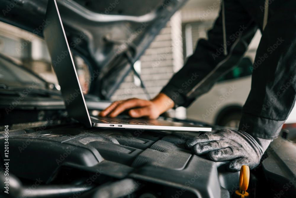 Naklejka premium A mechanic using a laptop on a car engine for diagnostics in a garage. Highlights the use of technology in modern vehicle maintenance and repair