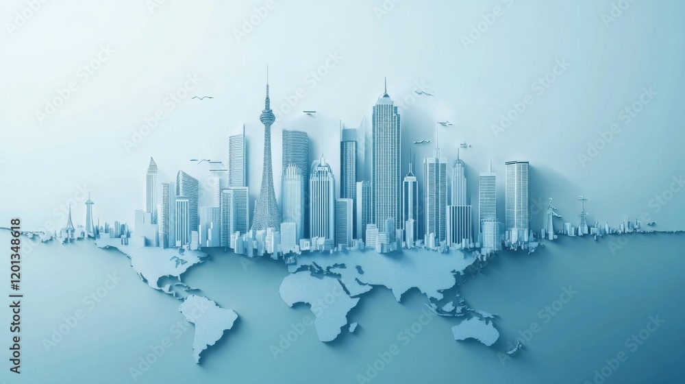 Fototapeta premium Abstract city skyline illustration overlaid on a world map, featuring skyscrapers, towers, and urban architecture in a minimalistic style with a cool color palette.