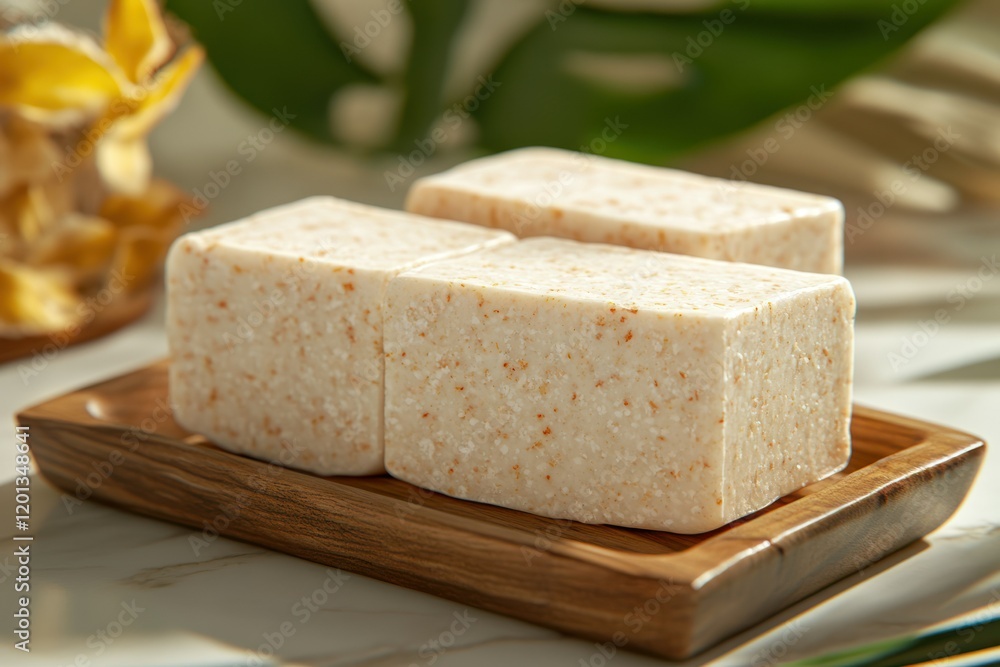 Spa bath soap bars on wood tray, tropical leaf background Spa bath soap bars on wood tray, tropical leaf background