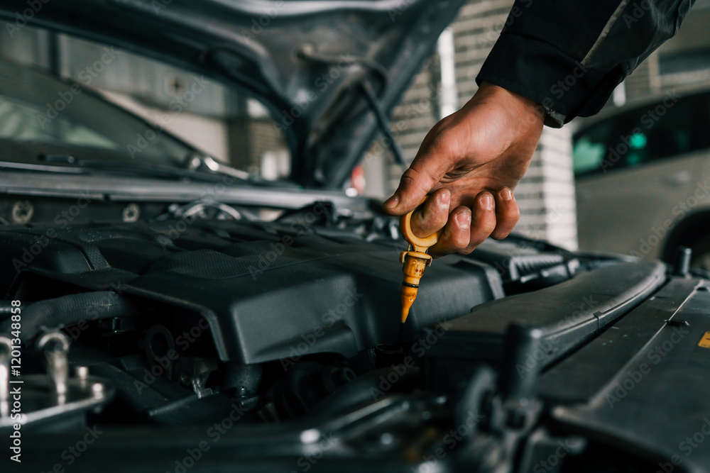 Close-up of a mechanic's hand holding an oil dipstick, checking engine oil levels in a vehicle's open hood. Represents routine car maintenance and servicing Close-up of a mechanic's hand holding an oil dipstick, checking engine oil levels in a vehicle's open hood. Represents routine car maintenance and servicing