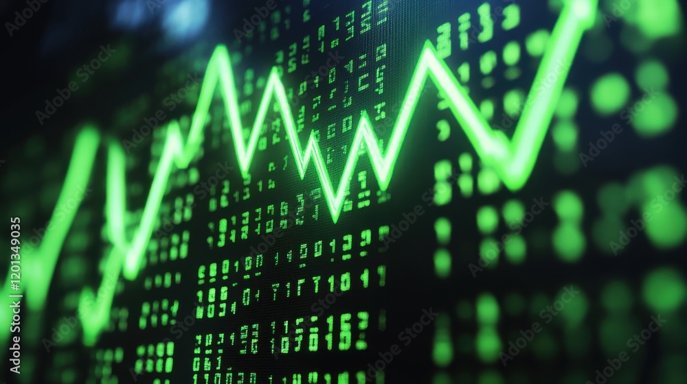 Fototapeta premium Green Line Chart Graph Going Up on Digital Binary Code Background
