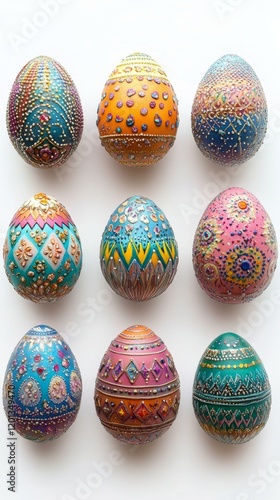 Colorful hand-painted eggs displayed on a neutral background for spring celeb...
