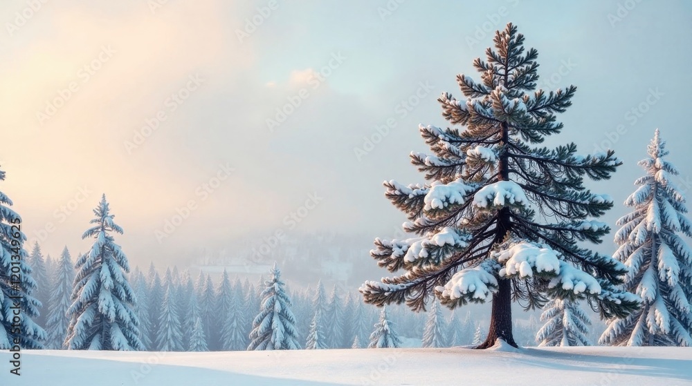 Serene Winter Landscape Majestic Snow-Covered Pine Tree in a Frosty Forest at Sunrise Serene Winter Landscape Majestic Snow-Covered Pine Tree in a Frosty Forest at Sunrise