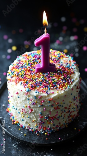 Colorful one-year birthday cake with sprinkles and candle on top in festive s...