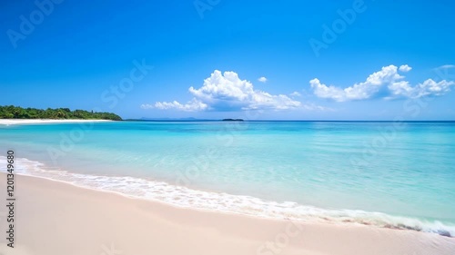 Wallpaper Mural Tropical Paradise: Tranquil turquoise waters lap against a pristine white sand beach, under a cloudless azure sky. The scene exudes serenity and invites you to escape to a tropical paradise.  Torontodigital.ca