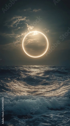 Mysterious illuminated ring over calm ocean waters at twilight
