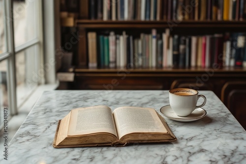 Warm cup of coffee beside an open book on a marble table in bright sunlight