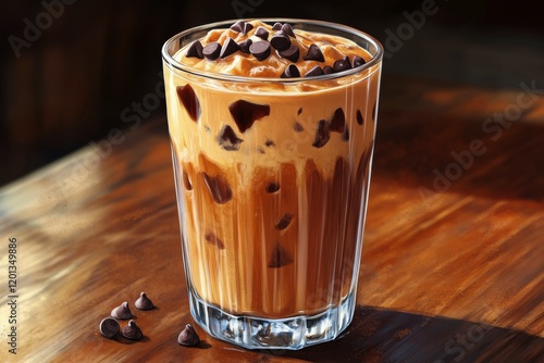 Iced coffee drink with chocolate chips served in a clear glass on a wooden table