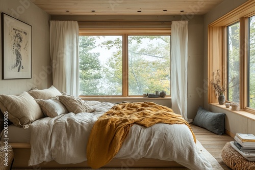 Cozy bedroom with plants and warm blankets in a sunlit window nook