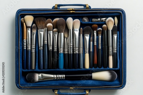 Collection of professional makeup brushes neatly arranged in a blue case for ...