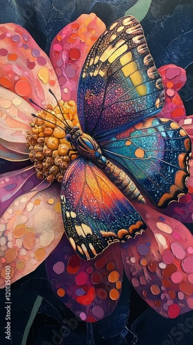 Colorful butterfly perched on a vibrant flower with intricate details and art...
