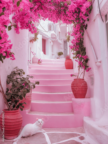 Mediterranean Staircase Under Pink Bougainvillea Flowers