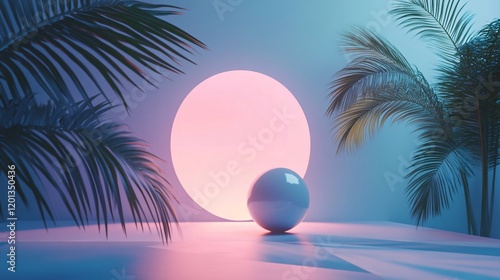 3d render featuring a sphere glowing under a large pink circle, surrounded by palm trees in a tropical setting photo