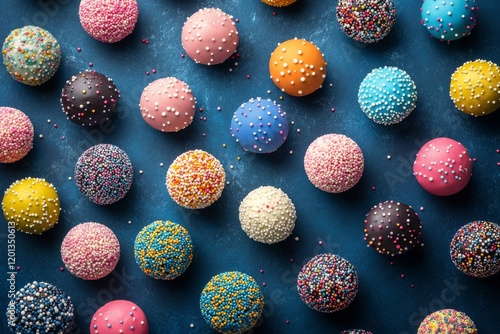 Colorful candy-coated treats scattered on a blue surface for a festive celebr...
