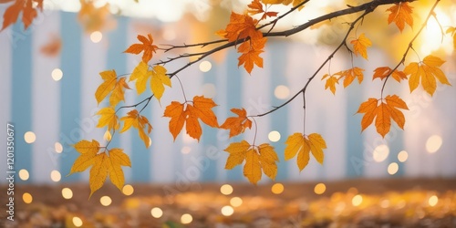 Golden Maple Leaves on a Branch with Soft Sunlight and Dreamy Bokeh Over a Striped Background photo