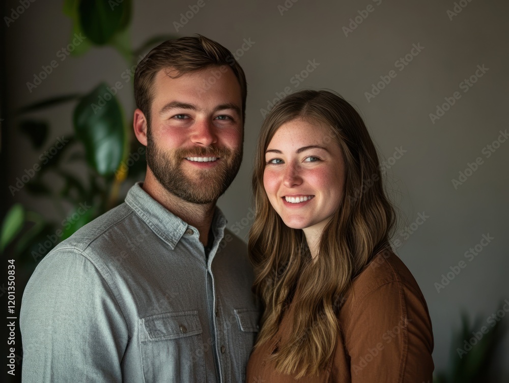 A portrait of a man and a woman standing side by side smiling and looking at the camera A portrait of a man and a woman standing side by side smiling and looking at the camera